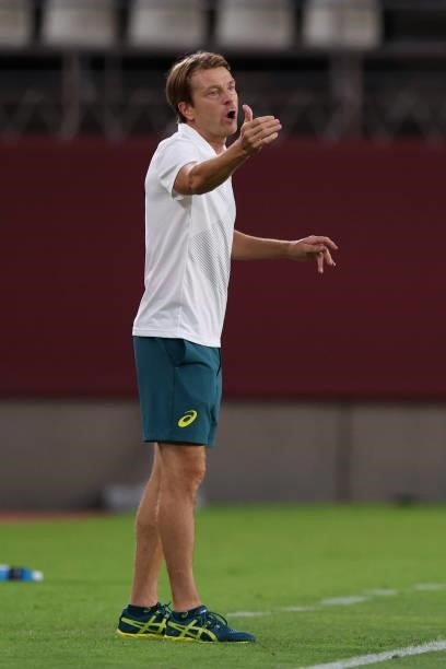 Tony Gustafsson, Head Coach of Team Australia reacts during the Women's Bronze Medal match between United States and Australia on day thirteen of the...