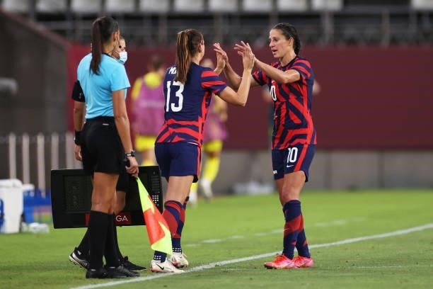 Alex Morgan of Team United States replaces Carli Lloyd during the Women's Bronze Medal match between United States and Australia on day thirteen of...