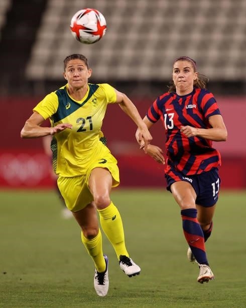 Laura Brock of Team Australia battles for possession with Alex Morgan of Team United States during the Women's Bronze Medal match between United...