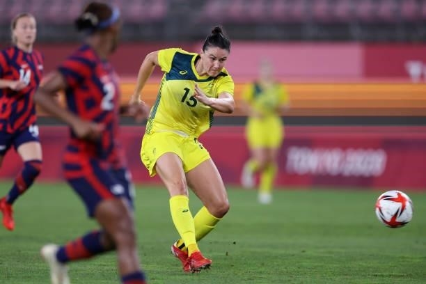 Emily Gielnik of Team Australia scores their side's third goal during the Women's Bronze Medal match between United States and Australia on day...