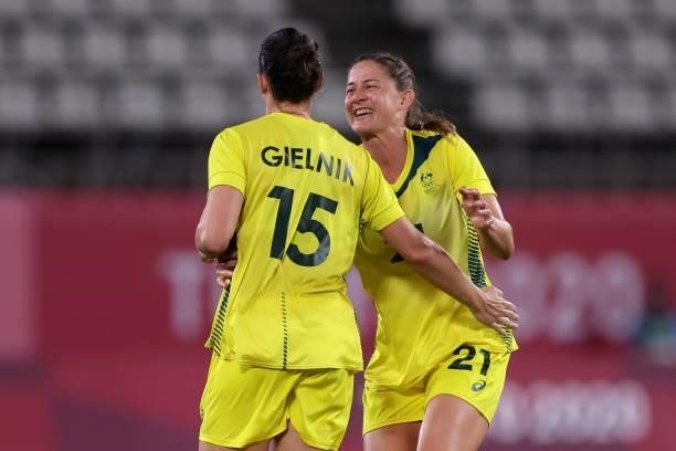 Emily Gielnik of Team Australia celebrates with Laura Brock after scoring their side's third goal during the Women's Bronze Medal match between...