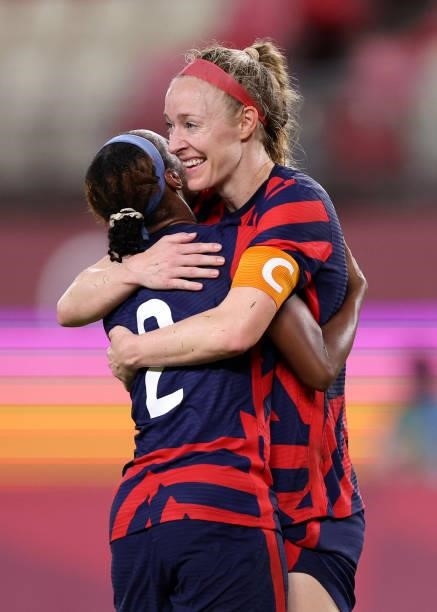 Crystal Dunn and Becky Sauerbrunn of Team United States celebrate their side's victory after the Women's Bronze Medal match between United States and...