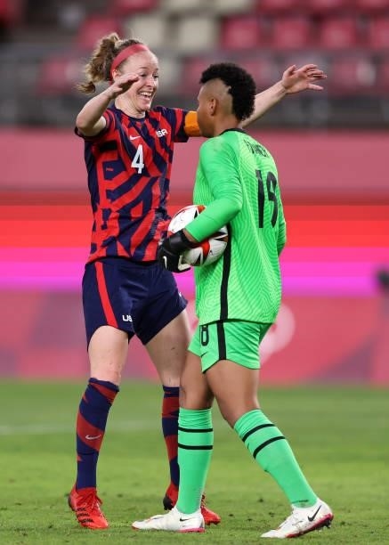 Becky Sauerbrunn of Team United States celebrates their side's victory with Adrianna Franch after the Women's Bronze Medal match between United...