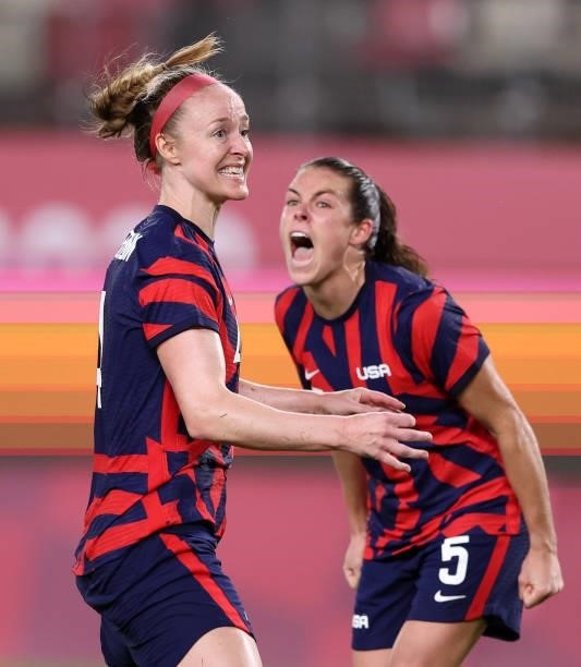 Becky Sauerbrunn of Team United States celebrates their side's victory after the Women's Bronze Medal match between United States and Australia on...