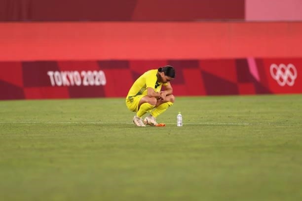 Sam Kerr of Team Australia looks dejected following defeat in the Women's Bronze Medal match between United States and Australia on day thirteen of...