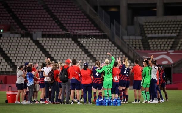 Players of Team United States celebrate after victory in the Women's Bronze Medal match between United States and Australia on day thirteen of the...