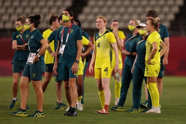 Clare Polkinghorne of Team Australia looks dejected following defeat in the Women's Bronze Medal match between United States and Australia on day...