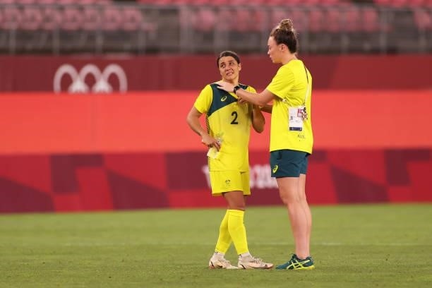 Sam Kerr of Team Australia is consoled following defeat in the Women's Bronze Medal match between United States and Australia on day thirteen of the...