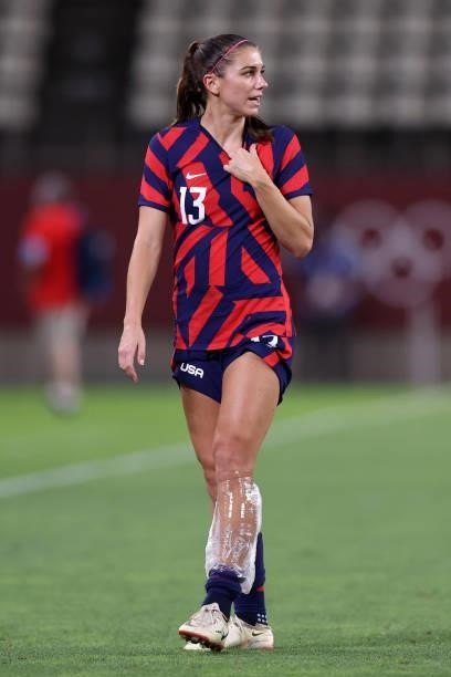 Alex Morgan of Team United States is seen after the match with an ice pack on her left leg after picking up an injury during the Women's Bronze Medal...