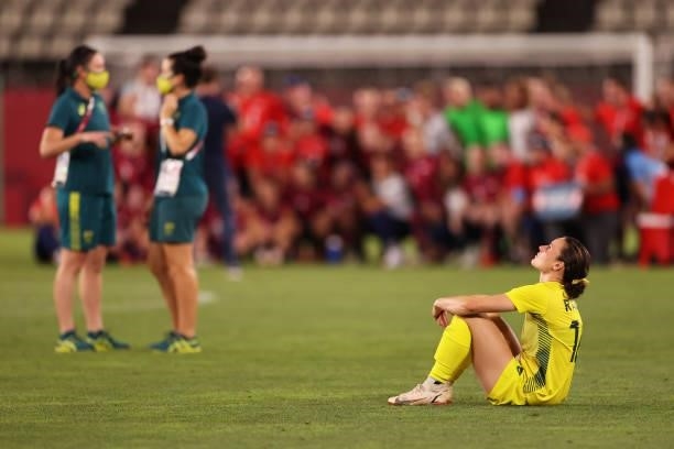 Hayley Raso of Team Australia looks dejected following defeat in the Women's Bronze Medal match between United States and Australia on day thirteen...