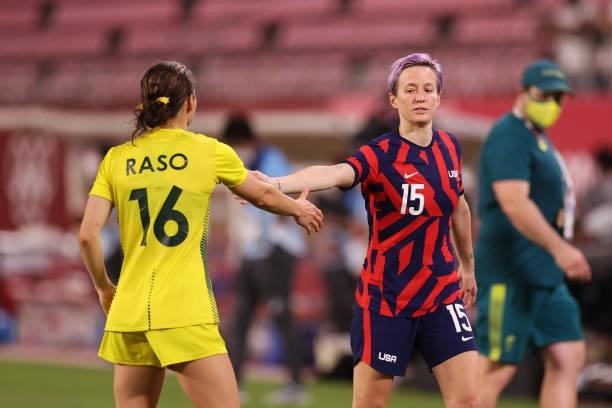 Megan Rapinoe of Team United States shakes hands with Hayley Raso of Team Australia following the Women's Bronze Medal match between United States...