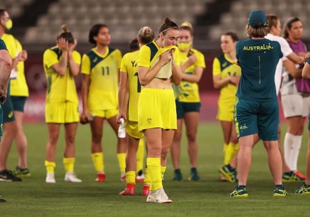 Caitlin Foord of Team Australia looks dejected following defeat in the Women's Bronze Medal match between United States and Australia on day thirteen...