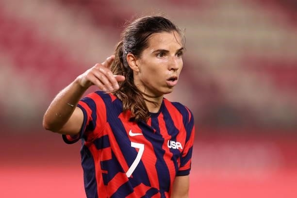 Tobin Heath of Team United States looks on during the Women's Bronze Medal match between United States and Australia on day thirteen of the Tokyo...