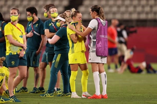 Aivi Luik of Team Australia is consoled by Lydia Williams following defeat in the Women's Bronze Medal match between United States and Australia on...
