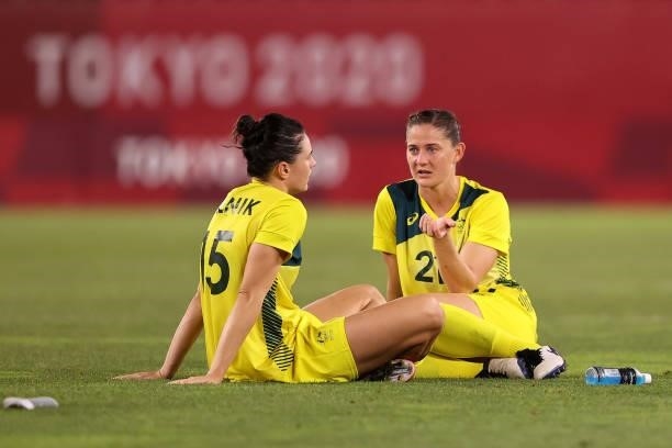 Laura Brock of Team Australia consoles team mate Emily Gielnik following defeat in the Women's Bronze Medal match between United States and Australia...