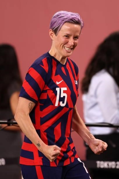 Megan Rapinoe of Team United States celebrates after victory in the Women's Bronze Medal match between United States and Australia on day thirteen of...