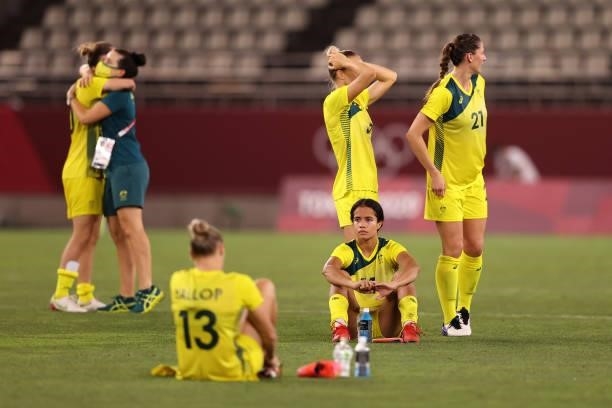 Mary Fowler of Team Australia looks dejected following defeat in the Women's Bronze Medal match between United States and Australia on day thirteen...