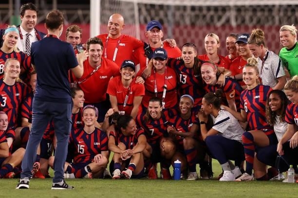 Players of Team United States pose for a photograph following victory in the Women's Bronze Medal match between United States and Australia on day...