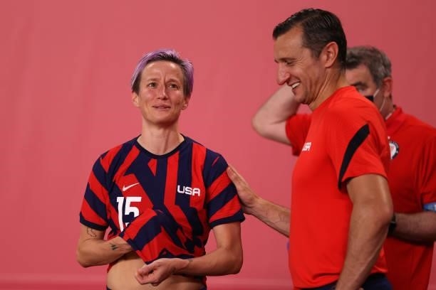 Megan Rapinoe of Team United States celebrates with Vlatko Andonovski, Head Coach of Team United States following victory in the Women's Bronze Medal...