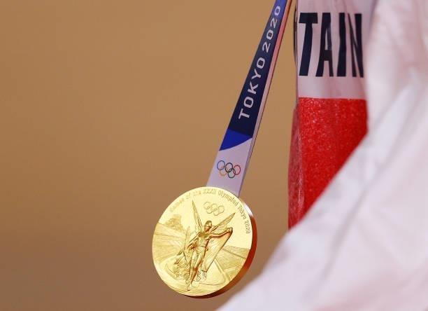 Detailed view of gold medal of Matthew Walls of Team Great Britain, during the medal ceremony after the Men's Omnium final of the track cycling on...