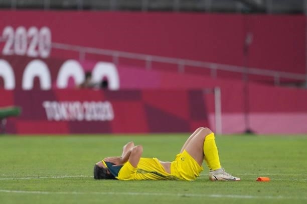 Sam Kerr of Australia reacts during a game between Australia and USWNT at Kashima Soccer Stadium on August 5, 2021 in Kashima, Japan.