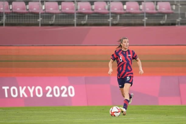 Kelley O'Hara of the United States during a game between Australia and USWNT at Kashima Soccer Stadium on August 5, 2021 in Kashima, Japan.