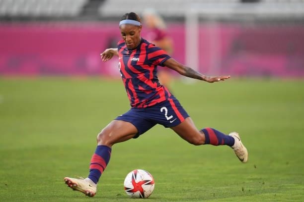 Crystal Dunn of the United States during a game between Australia and USWNT at Kashima Soccer Stadium on August 5, 2021 in Kashima, Japan.