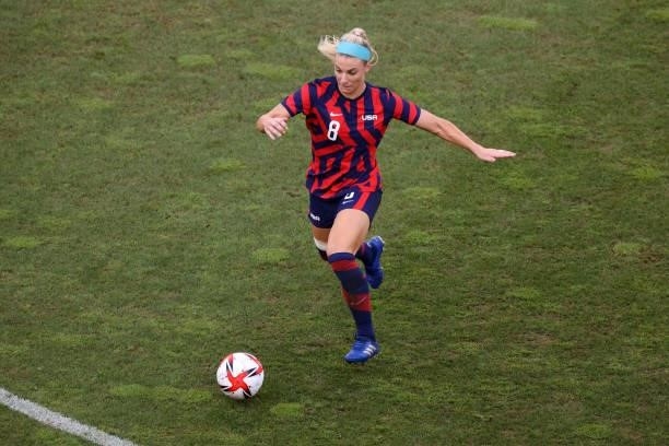 Julie Ertz of Team United States runs with the ball during the Women's Bronze Medal match between United States and Australia on day thirteen of the...