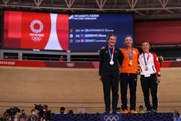Silver medalist Ellesse Andrews of Team New Zealand, gold medalist Shanne Braspennincx of Team Netherlands, and bronze medalist Lauriane Genest of...