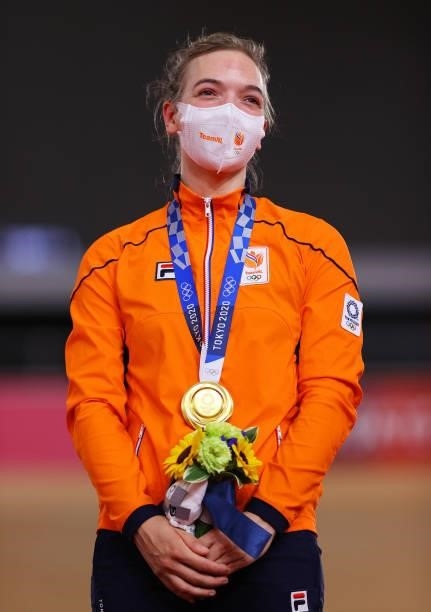 Gold medalist Shanne Braspennincx of Team Netherlands, poses on the podium during the medal ceremony after the Women's Keirin final of the track...