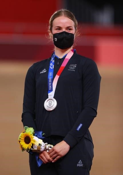Silver medalist Ellesse Andrews of Team New Zealand, poses on the podium during the medal ceremony after the Women's Keirin final of the track...