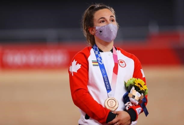 Bronze medalist Lauriane Genest of Team Canada, poses on the podium during the medal ceremony after the Women's Keirin final of the track cycling on...