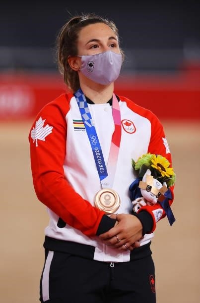 Bronze medalist Lauriane Genest of Team Canada, poses on the podium during the medal ceremony after the Women's Keirin final of the track cycling on...