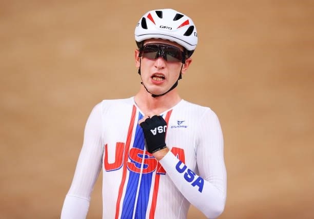 Gavin Hoover of Team United States reacts to crosses the finishing line during the Men's Omnium points race, 4 round of 4 of the track cycling on day...