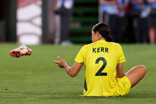 Sam Kerr of Australia show her dejection after the Olympic football bronze medal match between United States and Australia at Kashima Stadium on...