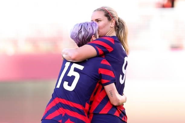 Megan Rapinoe of United States celebrates her goal with Lindsey Horan during the Olympic football bronze medal match between United States and...