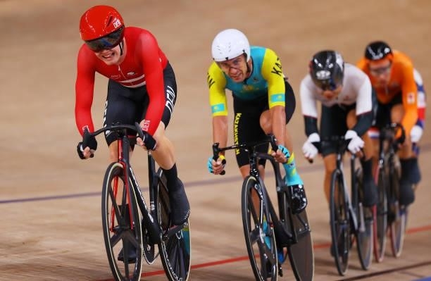 Niklas Larsen of Team Denmark competes during the Men's Omnium points race, 4 round of 4 of the track cycling on day thirteen of the Tokyo 2020...