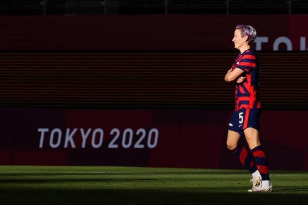Megan Rapinoe of United States celebrates her goal during the Olympic football bronze medal match between United States and Australia at Kashima...
