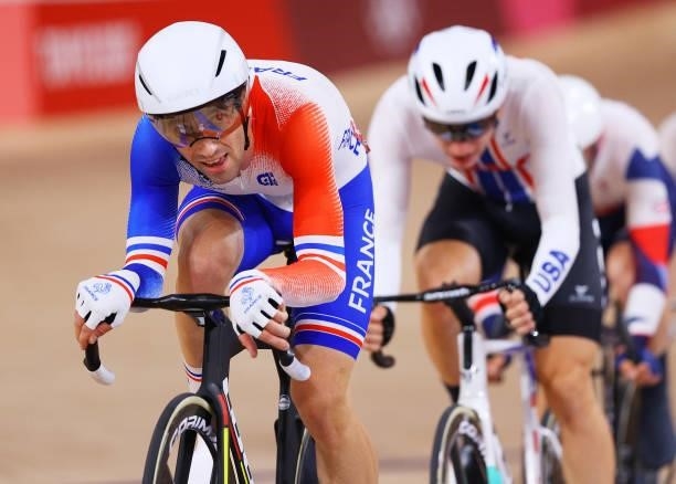 Benjamin Thomas of Team France competes during the Men's Omnium points race, 4 round of 4 of the track cycling on day thirteen of the Tokyo 2020...