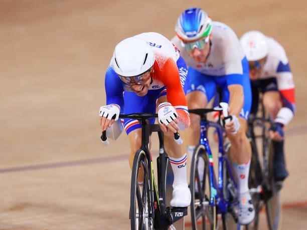 Benjamin Thomas of Team France competes during the Men's Omnium points race, 4 round of 4 of the track cycling on day thirteen of the Tokyo 2020...