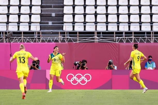 Sam Kerr of Australia celebrates her goal during the Olympic football bronze medal match between United States and Australia at Kashima Stadium on...