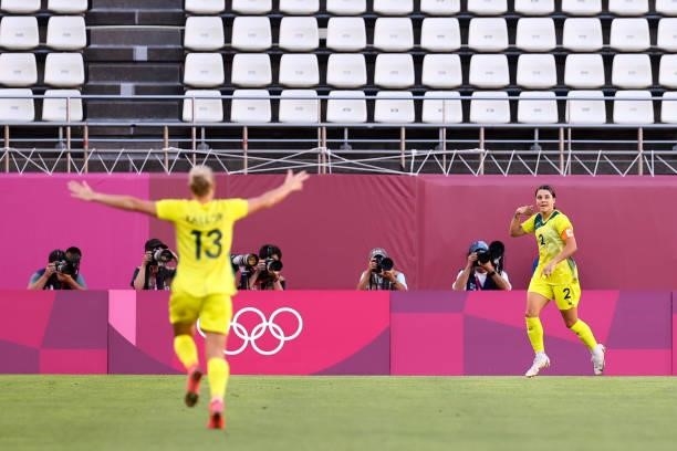 Sam Kerr of Australia celebrates her goal during the Olympic football bronze medal match between United States and Australia at Kashima Stadium on...