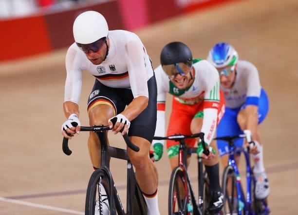 Roger Kluge of Team Germany competes during the Men's Omnium points race, 4 round of 4 of the track cycling on day thirteen of the Tokyo 2020 Olympic...