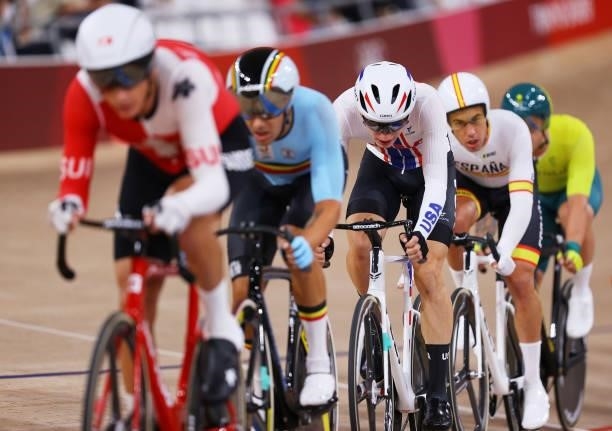 Gavin Hoover of Team United States sprints during the Men's Omnium points race, 4 round of 4 of the track cycling on day thirteen of the Tokyo 2020...