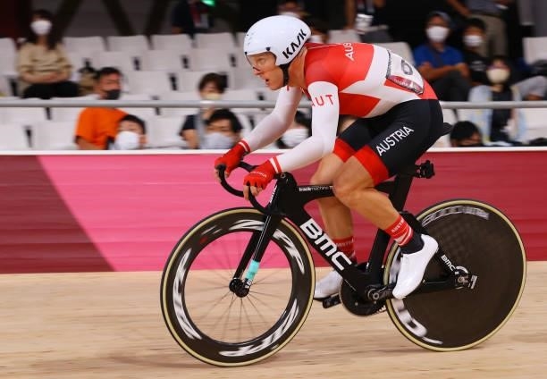 Andreas Mueller of Team Austria competes during the Men's Omnium points race, 4 round of 4 of the track cycling on day thirteen of the Tokyo 2020...