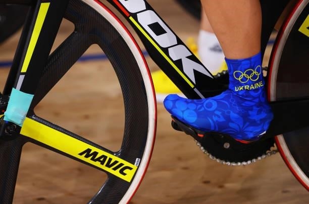 Detailed view of Mavic wheel in Team Ukraine bike´s during the track cycling on day thirteen of the Tokyo 2020 Olympic Games at Izu Velodrome on...