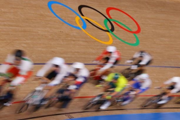 General view during the Men's Omnium scratch race, 1 round of 4 of the track cycling on day thirteen of the Tokyo 2020 Olympic Games at Izu Velodrome...