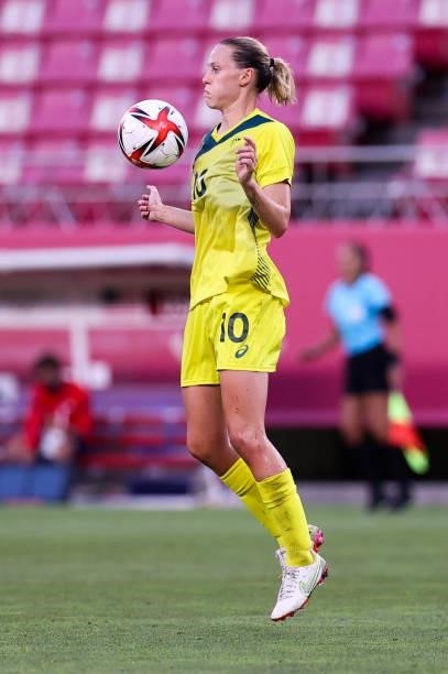 Van Emily Egmond of Team Australia competes for the ball during the Olympic football bronze medal match between United States and Australia at...
