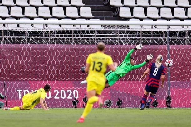 Sam Kerr of Team Australia scores a goal by head shoots during the Olympic football bronze medal match between United States and Australia at Kashima...