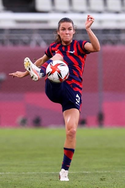 Kelley O'Hara of Team United States controls the ball during the Olympic football bronze medal match between United States and Australia at Kashima...
